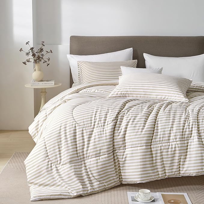 mixinni Tan Striped Comforter Set King Size - Beige Stripes Pattern Bed Set for All Season, 3 Pieces Lightweight Bedding Comforter Sets for All Seasons (1 Soft Fluffy Comforter + 2 Pillowcases)