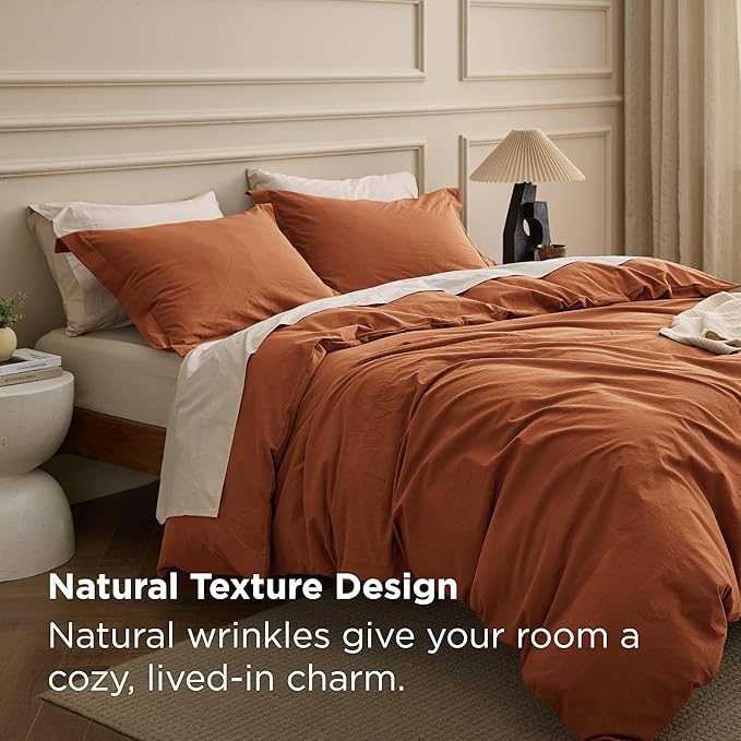 Bedsure 100% Washed Cotton Duvet Cover Queen Size - Burnt Orange Minimalist Bedding Set Linen Like - PureWoven Plain Simple & Soft Comforter Cover for All Seasons (Burnt Orange, Queen, 90"x90")