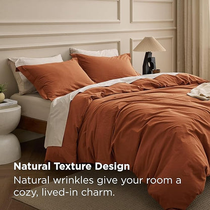 Bedsure 100% Washed Cotton Duvet Cover Queen Size - Burnt Orange Minimalist Bedding Set Linen Like - PureWoven Plain Simple & Soft Comforter Cover for All Seasons (Burnt Orange, Queen, 90"x90")
