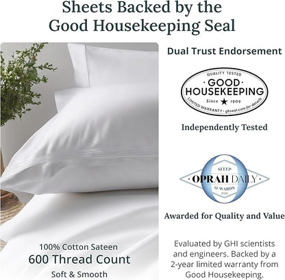 California Design Den Full Size Bed Sheets Set - Luxury 600 Thread Count 100% Cotton Sateen, Deep Pockets with All Around Elastic for a Snug Fit, Durable Bedding Set - White