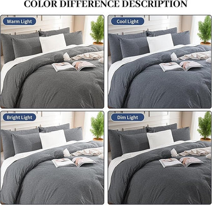 NEXHOME PRO Duvet Cover Twin 100% Washed Cotton, Organic Natural Linen Like Textured Breathable Durable Bedding Set Heather Black 6890