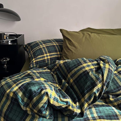 MKXI King Size Forest Green & Mustard Yellow Plaid Duvet Cover Set, 3 Piece All Season Washed Cotton Bedding, Vintage Preppy Style Rustic Outdoor Bed Set with Zipper Closure & Corner Ties
