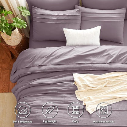 CozyLux King Size Comforter Set Dusty Purple, 7 Pieces Soft Pinch Pleat Bed in a Bag King Comforter Set with Sheets, Boho Bed Set with Down Alternative Comforter, Sheets, Pillowcases & Shams
