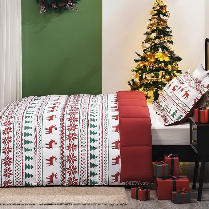 downluxe Christmas Comforter Set Queen with 2 Pillow Shams - Christmas Decoration Comforter Set with Reindeer and Snowflake Patterns - Bed Comforter Queen Set(3-Piece Set)
