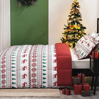 downluxe Christmas Comforter Set King with 2 Pillow Shams - Christmas Decoration King Comforter Set with Reindeer and Snowflake Patterns - King Size Comforter Set(3-Piece Set)