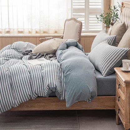 PURE ERA Jersey Knit Duvet Cover Set 100% T-Shirt Heather Cotton Super Soft Comfy Classic Striped Design, with Zipper Closure, Heather Blueish Grey Stripe, Queen