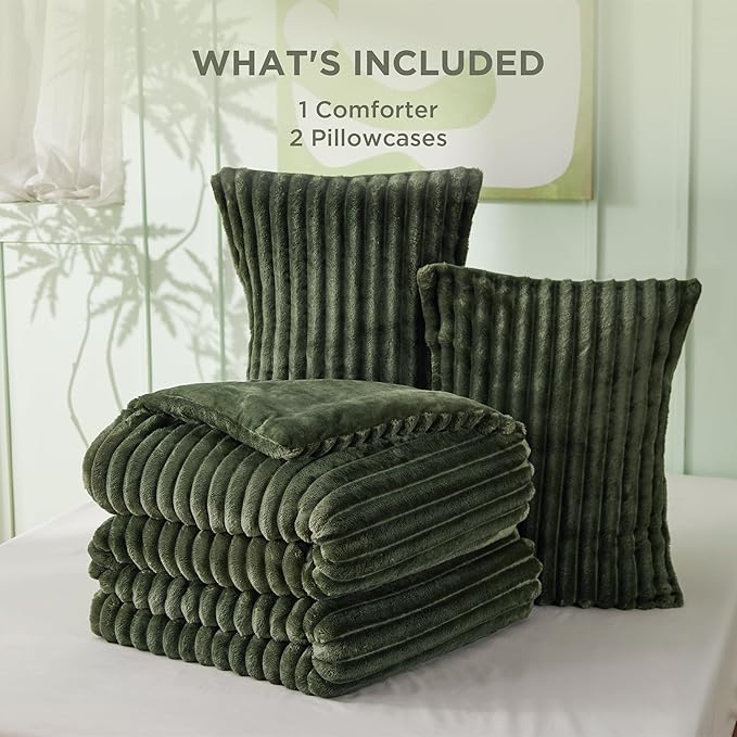Bedsure Cal King Comforter Set - GentleSoft™ 3 Pieces Double-Side Fleece Fluffy Olive Green Comforter Set, Cozy Striped Room Decor Aesthetic, Luxury Cal King Bedding, 2 Pillowcases, 104x96 Inches