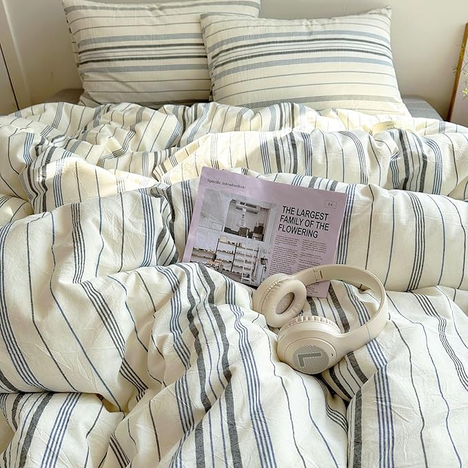 EAVD Retro Blue&Grey Striped Comforter Set Full Soft Cotton 3-Piece Vintage Bedding Set with 2 Pillowcases Boho Vertical Stripes Geometric Comforter Set for All-Season Breathable Lightweight