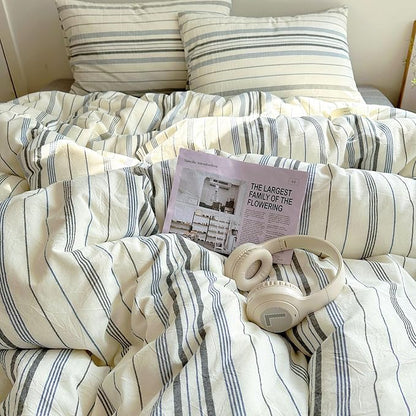 EAVD Retro Blue&Grey Striped Comforter Set Full Soft Cotton 3-Piece Vintage Bedding Set with 2 Pillowcases Boho Vertical Stripes Geometric Comforter Set for All-Season Breathable Lightweight