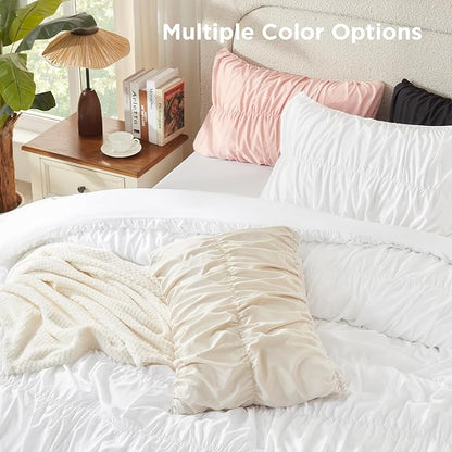 Andency Ruched White Twin Size Comforter Sets, Shabby Chic Pleated Bedding Sets 2 Pieces, Lightweight Soft Boho Ruffle Bed Set for Girls, Kids, Women, All Season