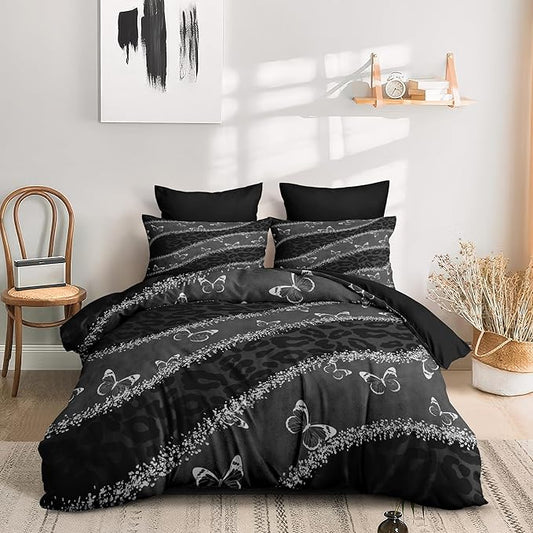 Black Leopard Print Comforter Set Full Size,Grey Butterfly Bedding Set with 2 Pillowcases for Adult Women - 3 Pieces Soft Fluffy Breathable Microfiber/Great Bedroom Decor,(79 * 90)