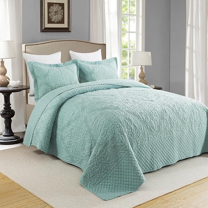 Travan 3-Piece Queen Quilt Set Quilted Bedspread Oversized Microfiber Lightweight Bedspread Coverlet Set with Shams Bedding Set for All Season, Blue, Queen Size