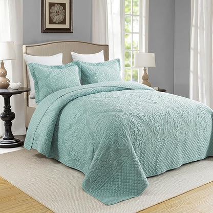 Travan 3-Piece Queen Quilt Set Quilted Bedspread Oversized Microfiber Lightweight Bedspread Coverlet Set with Shams Bedding Set for All Season, Blue, Queen Size