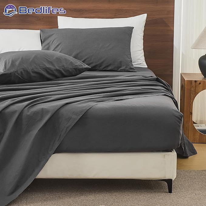 Bedlifes 100% French Pure Linen Sheets Queen Size Breathable and Cooling Flax Sheet Set Soft Durable and Moisture Wicking 16 Inch Deep Pocket-4 Piece(Queen,Dark Grey)