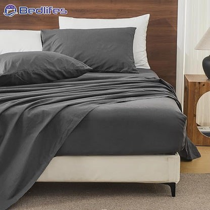 Bedlifes 100% French Pure Linen Sheets California King Size Breathable and Cooling Flax Sheet Set Soft Durable and Moisture Wicking 16 Inch Deep Pocket-4 Piece(Cal King,Dark Grey)