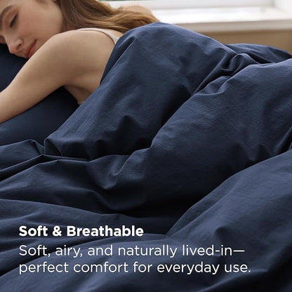 Bedsure 100% Washed Cotton Duvet Cover Oversized King Size - Navy Minimalist Bedding Set Linen Like - PureWoven Plain Simple & Soft Comforter Cover for All Seasons (Navy, Oversized King, 120"x98")