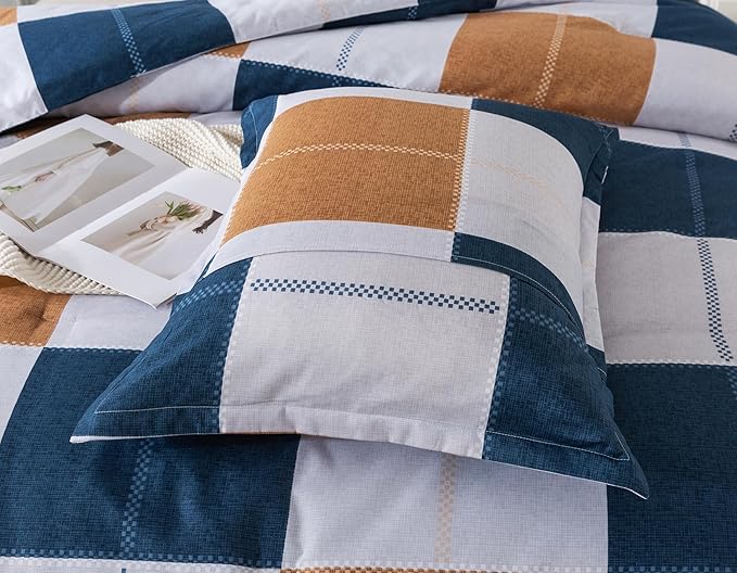 Caressma Navy Blue Plaid Checkered Comforter Set, Fluffy Geometric Grid Gray and Brown Buffalo Twin Size Comforter with Matching Pillow Shams for All Seasons