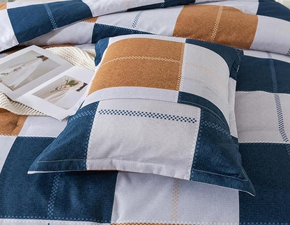 Caressma Navy Blue Plaid Checkered Comforter Set, Fluffy Geometric Grid Gray and Brown Buffalo Twin Size Comforter with Matching Pillow Shams for All Seasons