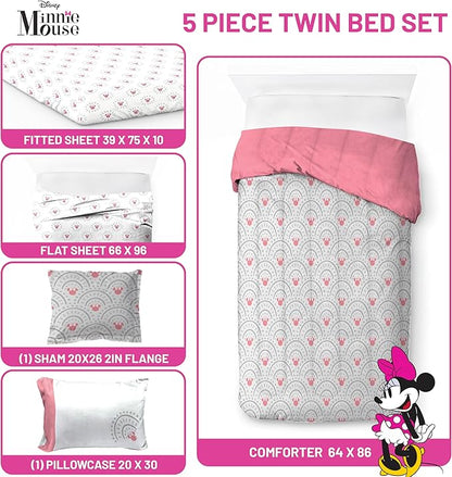Disney Minnie Mouse Twin Comforter Set - 5 Piece Bedding Includes Sheet Set & Pillow Covers - Super Soft Cozy Pink Mandala Bedding