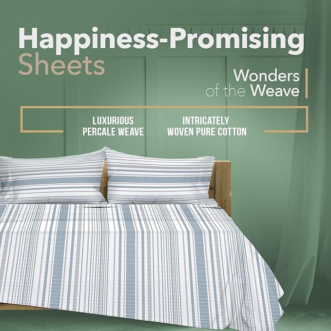 TEXAS LINEN CO. 100% Organic Cotton Printed Sheets Queen Size - 4 PC Organic Cotton Percale Sheets Queen Set (Dotted Stripe), Cooling & Breathable Sheet, 16" Deep Pocket Hotel Bedding - GOTS Certified