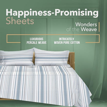 TEXAS LINEN CO. 100% Organic Cotton Printed Sheets Queen Size - 4 PC Organic Cotton Percale Sheets Queen Set (Dotted Stripe), Cooling & Breathable Sheet, 16" Deep Pocket Hotel Bedding - GOTS Certified