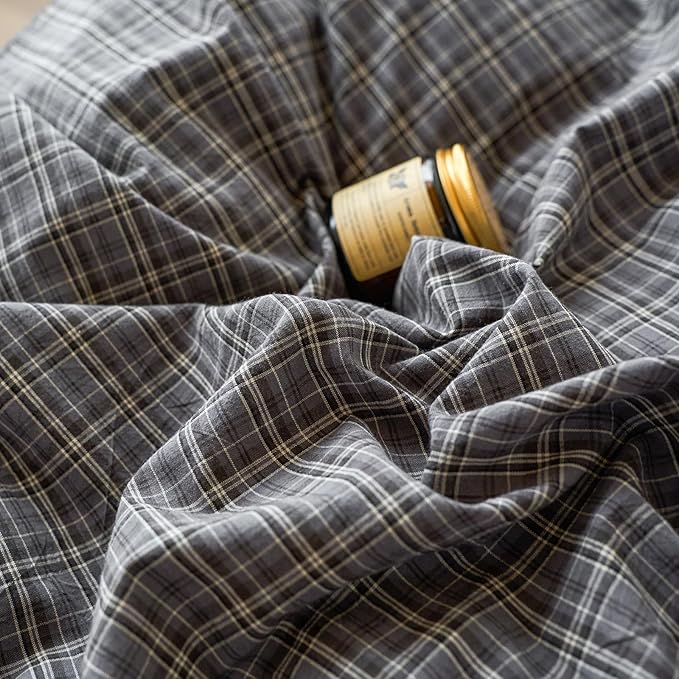 EAVD Vintage Style Grey Plaid Gingham Duvet Cover King 100% Washed Cotton Like Linen Feel Soft Grid Plaid Bedding Set with 2 Pillowcases Farmhouse Grid Geometric Pattern Duvet Cover with Zipper