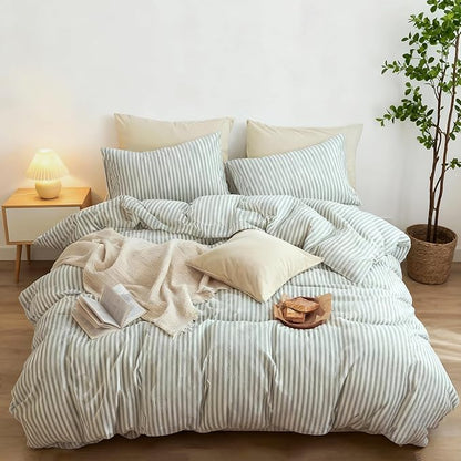 Nayoroom Striped Duvet Cover Queen Size - 100% Washed Cotton White Duvet Cover with Green Stripes Pattern, 3 Pieces Soft Breathable Girls Dorm Bedding Set for Hot Sleepers, Yarn Dyed Process