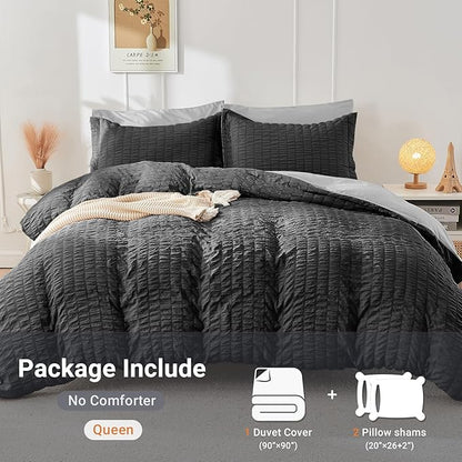 HYMOKEGE Dark Grey/Light Grey Duvet Cover Full Size, Ultra Soft 3-Piece Seersucker Duvet Cover Set with Zipper Closure, Soft Brushed Microfiber Bedding Set with 8 Corner Ties (80"x90", 2 Pillowshams)