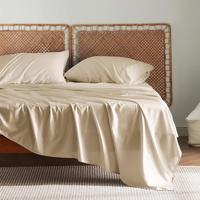 Bedsure California King Sheet Sets, Cooling Sheets for Hot Sleepers, Rayon Derived from Bamboo, Deep Pocket Up to 16 Inches, PureWoven, Breathable & Soft, Hotel Luxury Silky Bedding, Beige