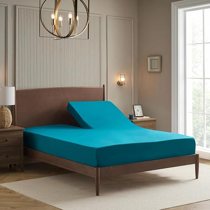 Split Head King Sheets Set for Adjustable Beds 4 Piece Flex Top Bed Sheets – Deep Pocket Split Top Fitted Sheet with Built-in Corner Straps, Luxury Soft Cooling Bedding, Wrinkle Resistant, Teal