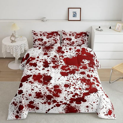 Red Tie Dye Comforter Set King Size,Halloween Decor Bedding Set 3pcs for Kids Teens Boys Bedroom,Gothic Horror Style Quilt Set Cartoon Hand Painted Graffiti Down Comforter with 2 Pillowcases
