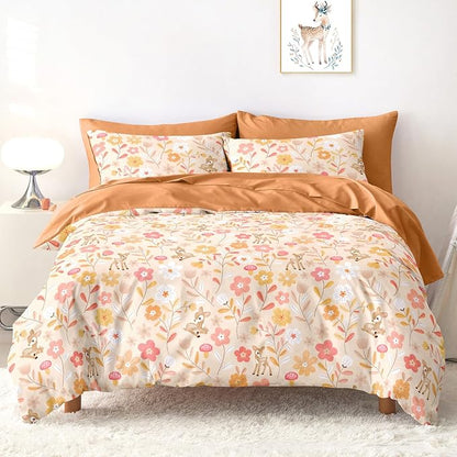 Wake In Cloud - Floral Bedding Set for Girls, Cute Colorful Botanical Flowers Deers Patterned Soft Lightweight Comforter Set with Sheets, 5 Pieces Kids Bed in a Bag, Orange Brown, Twin Size