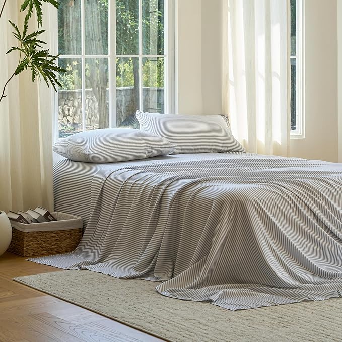 DOZ Sheet Set, 100% Viscose derived from Bamboo, Organically Grown, Buttery Soft, Cooling Sheets, High GSM, Deep Pockets - 4 Piece - 2 Pillowcases 1 Fitted 1 Top Sheet (Stripe, Cal King)