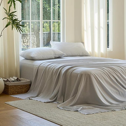DOZ Sheet Set, 100% Viscose derived from Bamboo, Organically Grown, Buttery Soft, Cooling Sheets, High GSM, Deep Pockets - 3 Piece - 2 Pillowcases 1 Fitted Sheet (Stripe, Cal King)