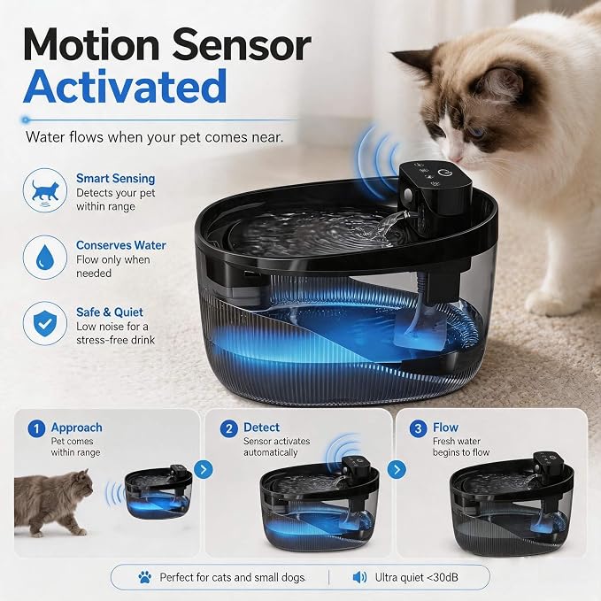 74oz/2.2L Cordless Cat Water Fountain, 5000mAh Battery Operated | 3 Smart Modes, with Motion Sensor, Ultra-Quiet, Pet Drinking Dispenser with LED Light, Wireless Fountain for Cats, Dogs