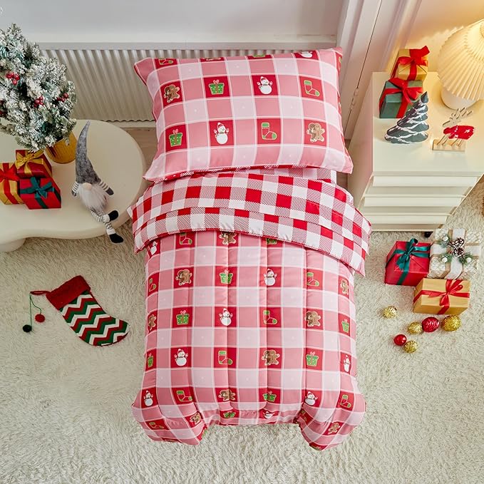 Christmas Toddler Bedding Set for Boys Girls Red White Plaid Colorful Holiday 4PC Toddler Bed Set - Cute Toddler White Bed in a Bag with Snowman Socks GIF Box
