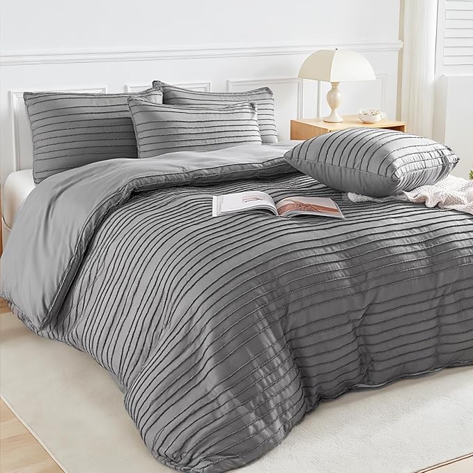 NEXHOME PRO Duvet Cover Queen,Grey 3 Pieces Boho Tufted Duvet Cover Set, Soft and Lightweight 100% Washed Microfiber Comforter Cover Set for All Season(Grey Queen, 90 x 90)-No Comforter