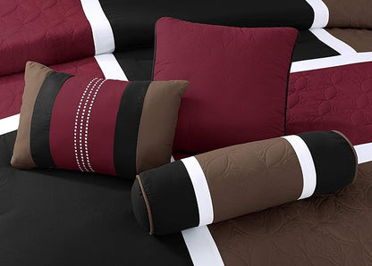 Chezmoi Collection Upland 7-Piece Quilted Patchwork Comforter Set, Burgundy/Black/Brown, King