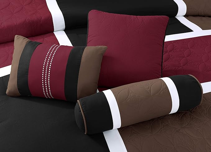 Chezmoi Collection Upland 7-Piece Quilted Patchwork Comforter Set, Burgundy/Black/Brown, Full