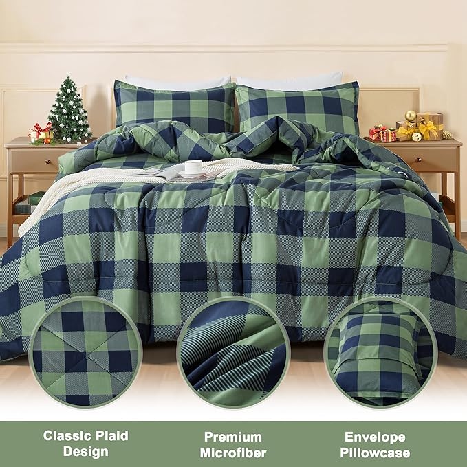 Andency Green Plaid Comforter Full(79x90Inch), 3 Pieces (1 Comforter, 2 Pillowcases) Buffalo Checkered Gingham Bed Set, Soft Geometric Bedding for Boys