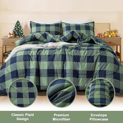 Andency Green Plaid Comforter Queen(90x90Inch), 3 Pieces (1 Comforter, 2 Pillowcases) Buffalo Checkered Gingham Bed Set, Soft Geometric Bedding for Boys
