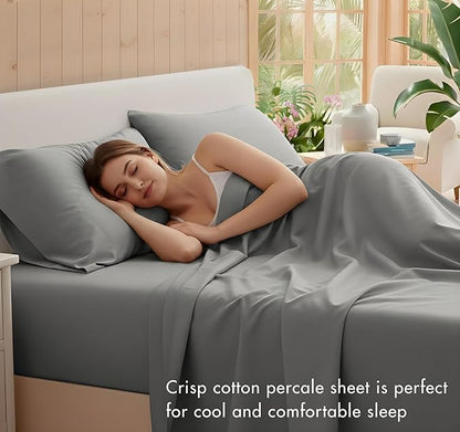 RUVANTI 100% Cotton Sheets – Full Size Percale Bedding, Cooling & Breathable, Durable with a Crisp, Soft & Comfortable Feel, 16" Deep Pocket, 4-Piece Set, Mist Grey