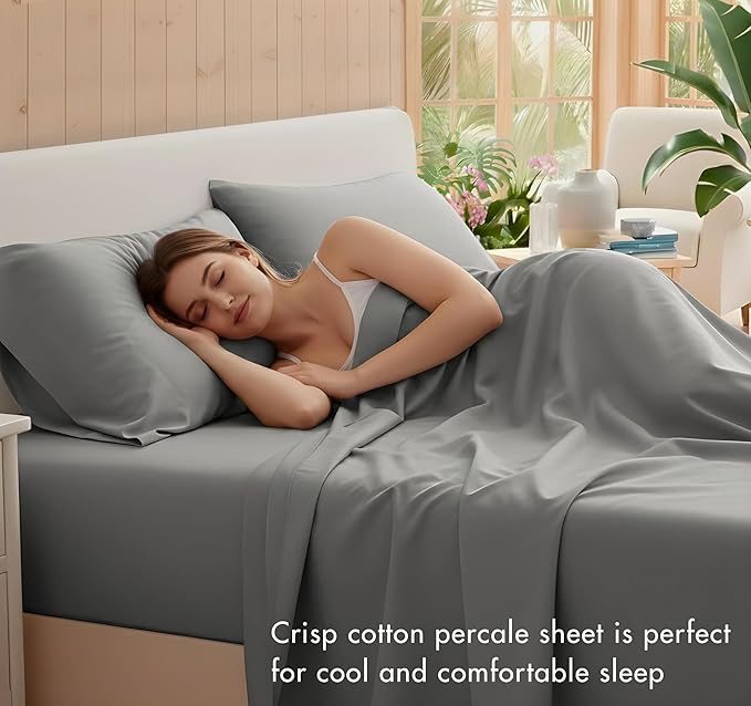 RUVANTI 100% Cotton Sheets – California King Percale Bedding, Cooling & Breathable, Durable with a Crisp, Soft & Comfortable Feel, 14" Deep Pocket, 4-Piece Set, Mist Grey
