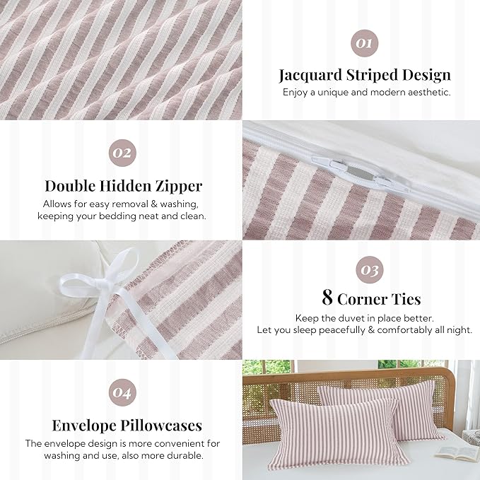 MILDLY Pale Mauve Striped Duvet Cover - 100% Washed Cotton Jacquard Textured Comforter Cover with Dual Zipper Closure & 8 Coner Ties