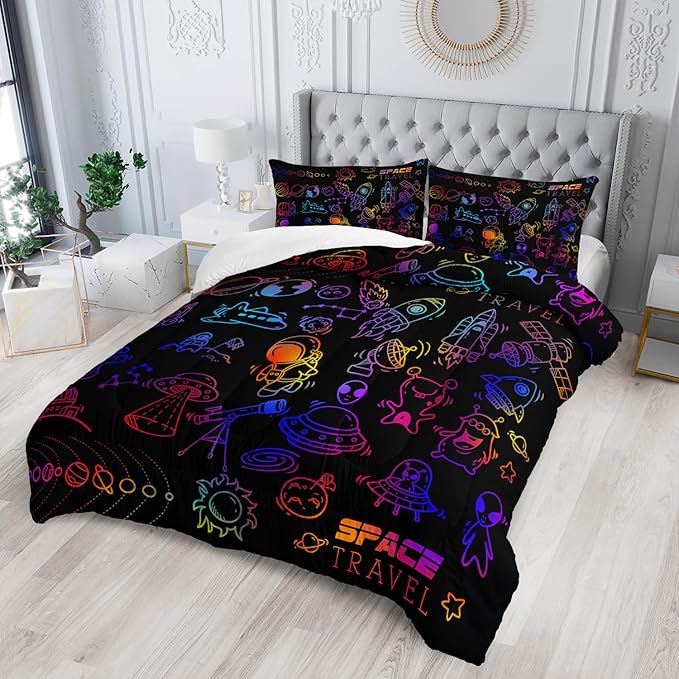 Cartoon Space Comforter Set for Kids Boys Girls,3 Pieces Outer Space Bedding Twin Size,Rocket Planet Spaceship Travel Toddler Bedding Set for Teen Boy Room Decor with 1 Comforter 2 Pillowcase