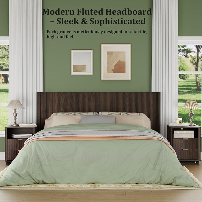 King Size Headboard Only, Modern Fluted Wall-Mounted Head Board with Lighting, Boho Wood Bed headboard Stylish Bedroom Decor, Espresso