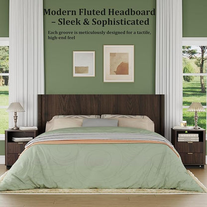 King Size Headboard Only, Modern Fluted Wall-Mounted Head Board with Lighting, Boho Wood Bed headboard Stylish Bedroom Decor, Espresso
