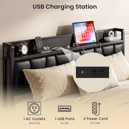 LIKIMIO Full Size Bed Frame, PU Leather Storage Headboard with Charging Station, Solid and Stable, Noise Free, No Box Spring Needed, Easy Assembly, Black