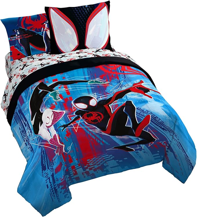 Marvel Spiderman Across The Spider-Verse Glitch 7 Piece Queen Size Bed Set - Includes Comforter & Sheet Set Bedding - Super Soft Fade Resistant Microfiber (Official Product)