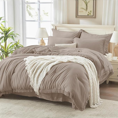 Andency Queen Comforter Set with Sheets Khaki - 7 Pieces Boho Tassel Bed in a Bag Soft Lightweight Bedding Sets, Fringe Bed Set with Comforter, Sheets, Pillowcases & Shams